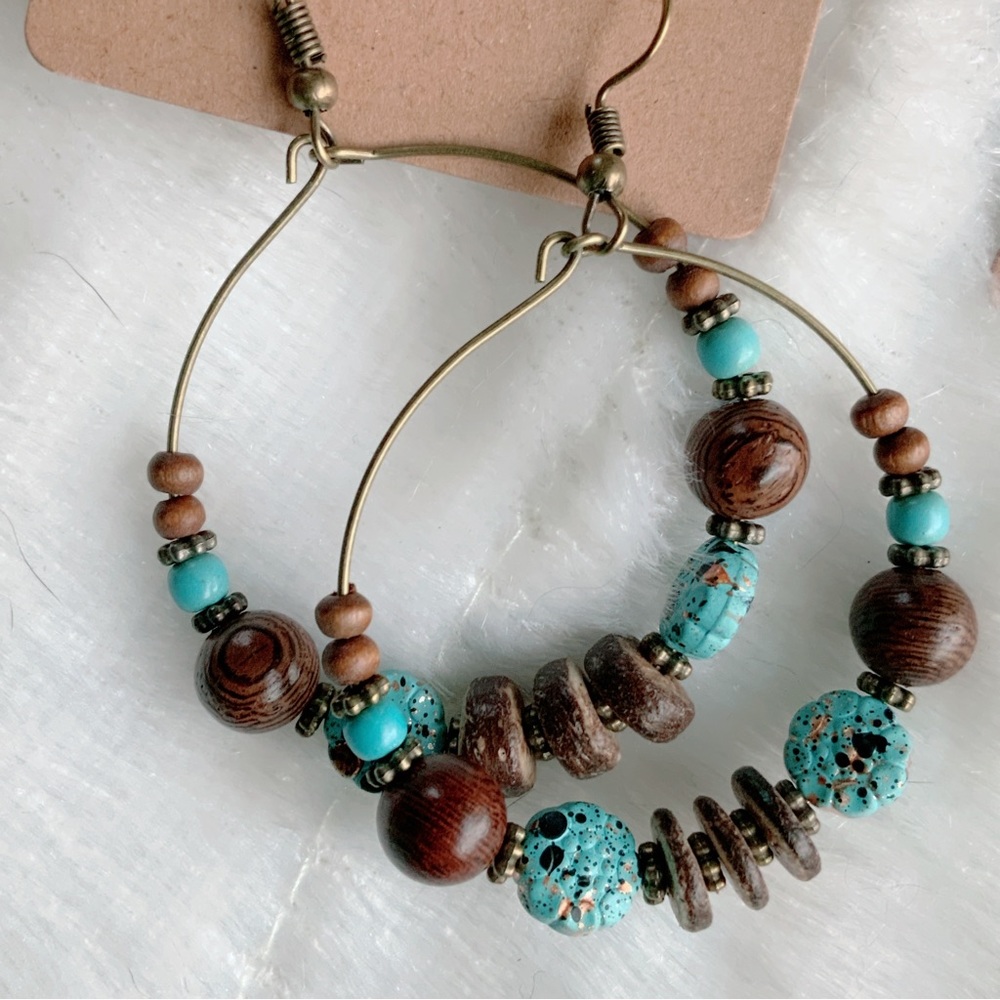 BOGO Tobacco Brown Wood Turquoise Beads Bronze Drop Hoop Dangle Earrings Boho